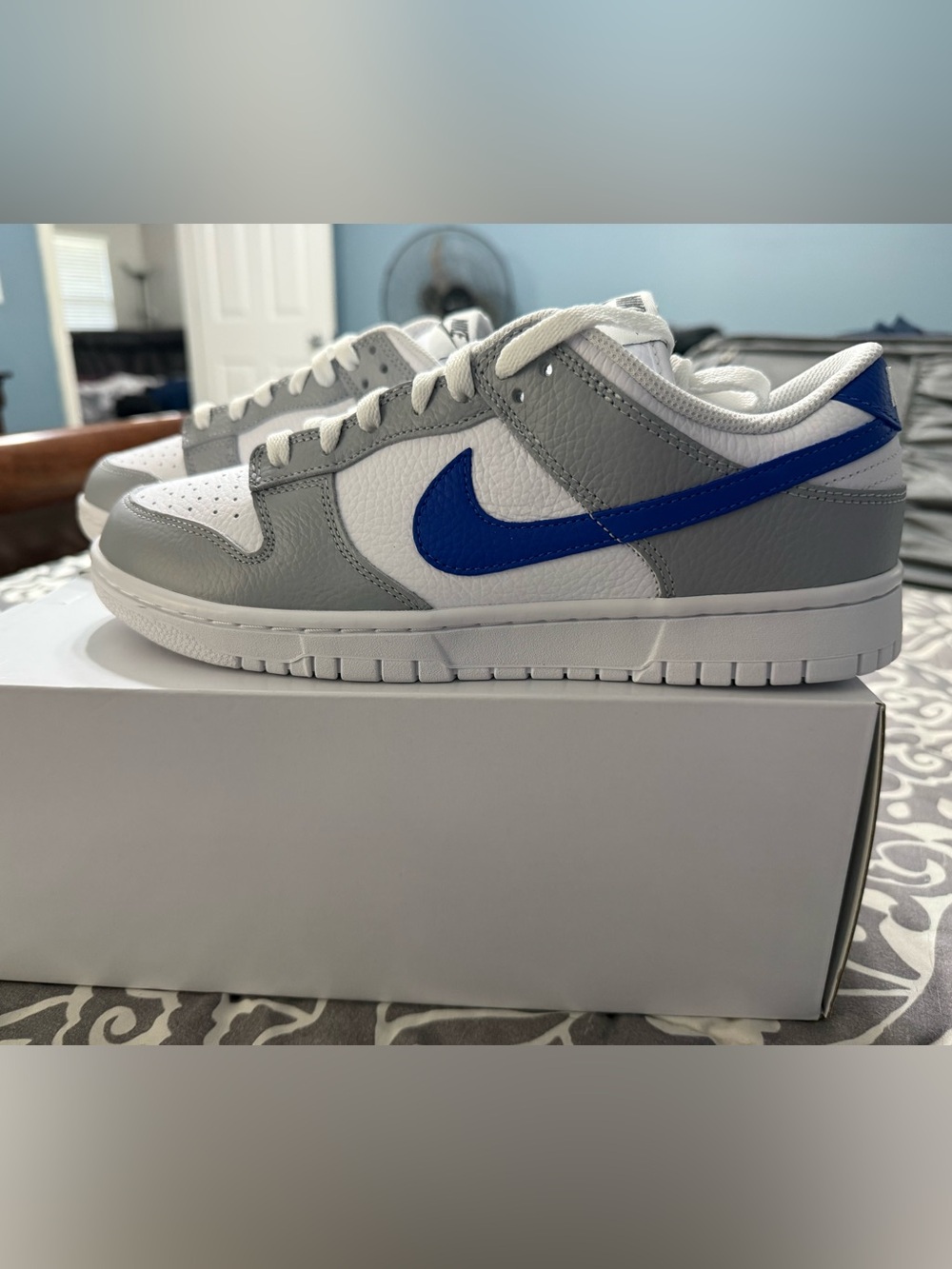 Nike Dunk Low Sneakers in White, Gray & Blue